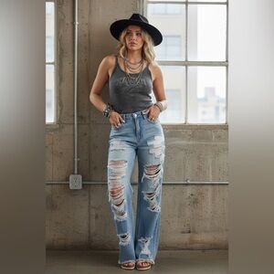 NWT Cello Ultra Distressed Back and Front Relaxed Fit High Rise Wide Leg Jeans